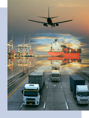 Picture of trucks, airplanes and shipping docks